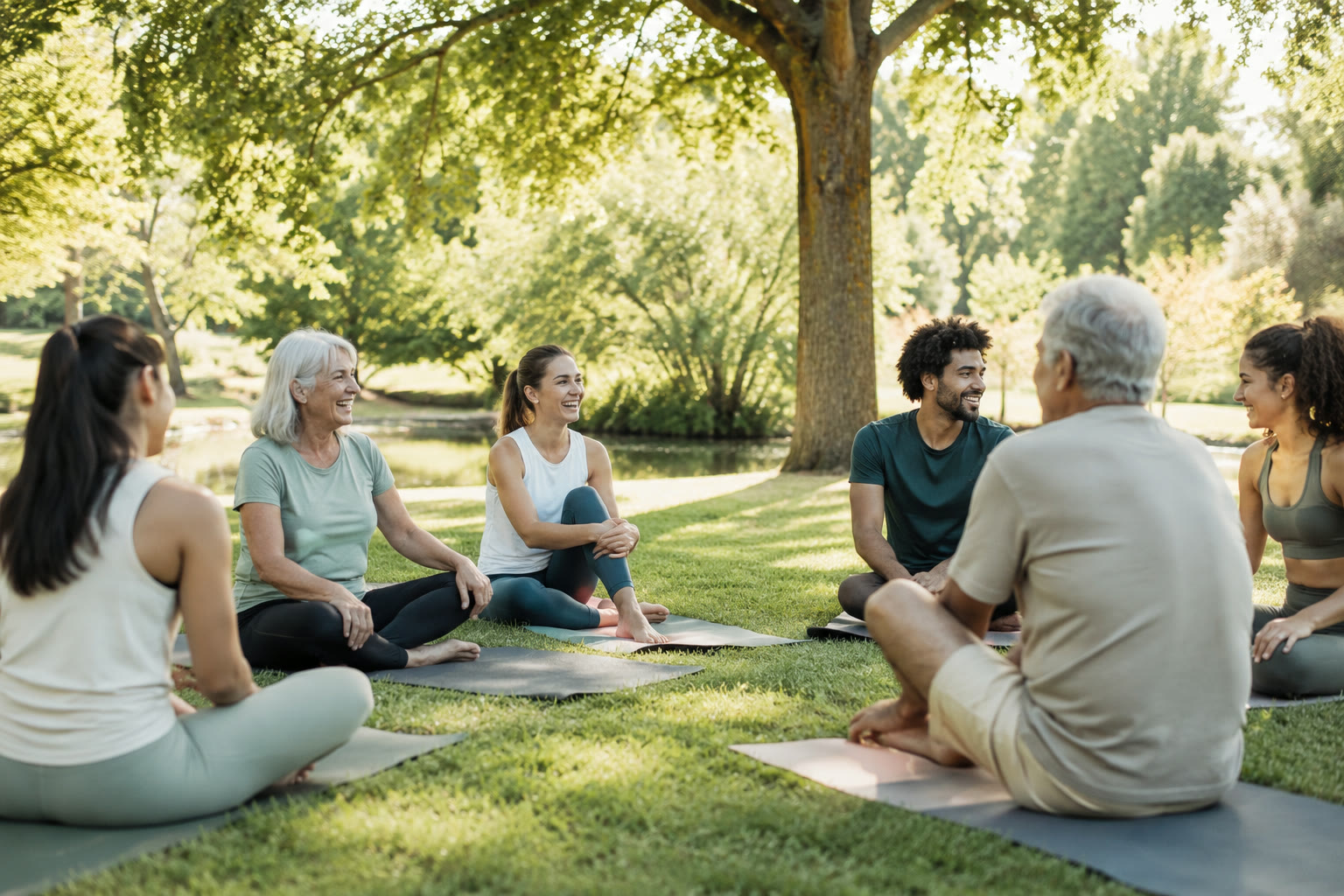 Habitantes et habitants d'Orvault pratiquant le qi gong en plein air, sous les arbres du parc