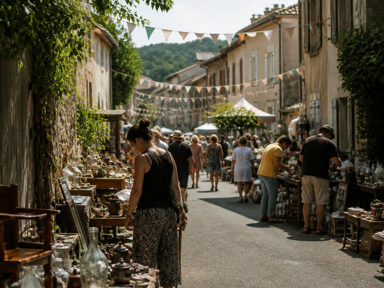Vide-grenier animé dans une rue de quartier, stands et guirlandes de fanions